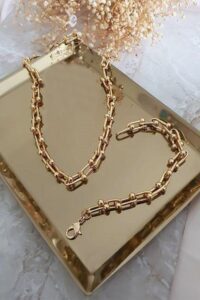 Toptan Kadın 2'li Gold Kaplama Lüx Tiffany Blanca Model Kalın Zincir Kolye Ve Bileklik Seti