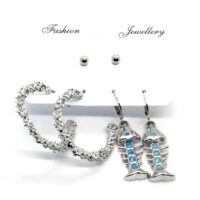 Toptan Gümüş Renk Halka Balık Desenli Kombin Küpe 737