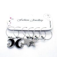 Toptan Gümüş Renk Siyah Mineli Hilal Figurlu Kombin Küpe 649