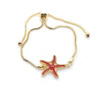Toptan Altın Renk Zirkon Taşlı Kırmızı Mineli Deniz Yıldızı Asansör Bileklik