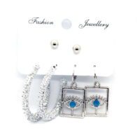 Toptan Gümüş Renk Halka Kare Göz Motifli Kombin Küpe 724