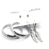 Toptan Gümüş Renk Halka Yaprak Desenli Kombin Küpe 739