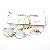 Toptan Altın Renk Mavi Beyaz Mineli Gezegen Yıldız Figurlu Kombin Küpe 715