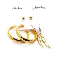 Toptan Altın Renk Halka Yaprak Desenli Kombin Küpe 742