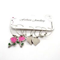 Toptan Gümüş Renk Pembe Mineli Gül Kalp Figurlu Kombin Küpe 706