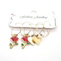 Toptan Altın Renk Kırmızı Mineli Gül Kalp Figurlu Kombin Küpe 709