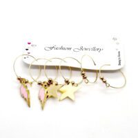 Toptan Altın Renk Pembe Mineli Şimşek Figurlu Kombin Küpe 658