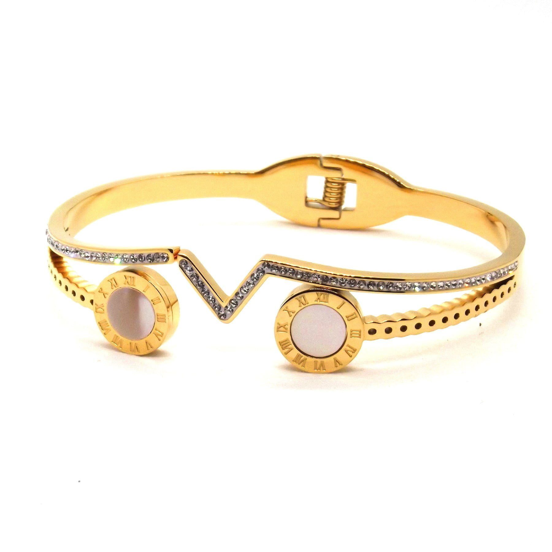 Toptan Altın Renk Çelik Çift Beyaz Sedefli Roma Detaylı V Çok Taşlı Kelepçe Bileklik 679 3 Toptan Altın Renk Çelik Çift Beyaz Sedefli Roma Detaylı V Çok Taşlı Kelepçe Bileklik 679