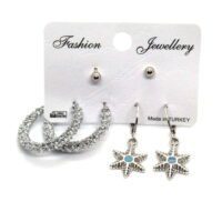 Toptan Gümüş Renk Halka Yıldız Desenli Kombin Küpe 738