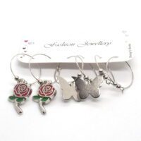 Toptan Gümüş Renk Kırmızı Mineli Çiçek Kelebek Figurlu Kombin Küpe 701