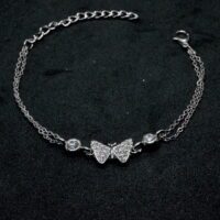 Toptan Gümüş Renk Taşlı Kelebek Figürlü Çift Zincirli Bileklik 882