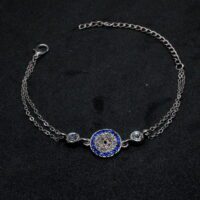 Toptan Gümüş Renk Yuvarlak Göz Nazar Figürlü Çift Zincirli Bileklik 884