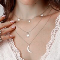 Toptan Gümüş Renk Kutup Yıldızı Ve Hilal Figürlü Çok Katmanlı Kombin Kolye 960