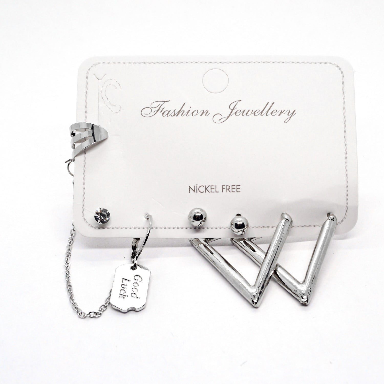 Toptan Gümüş Renk Kombin Küpe Good Luck Üçgen - 1009 3 Toptan Gümüş Renk Kombin Küpe Good Luck Üçgen - 1009