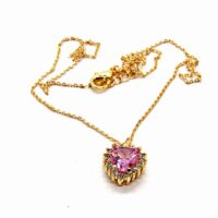 Toptan Altın Renk Zirkon Pembe Taşlı Kalp Kolye - 962