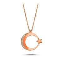 Toptan Rose Kaplama Zirkon Taşlı Ay Yıldız Zarif Kadın Kolye- 1064