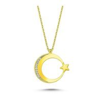 Toptan Altın Kaplama Zirkon Taşlı Ay Yıldız Zarif Kadın Kolye- 1063