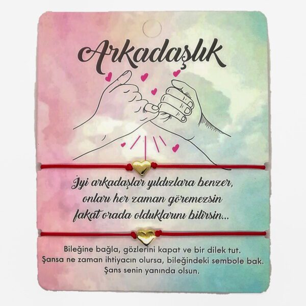 Toptan Altın Renk Kırmızı İp Kalp Arkadaş  Bilekliği - 1139