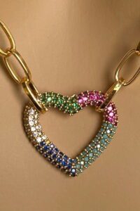 Toptan Altın Renk Kadın Renkli Zirkon Taşlı Kalp Figürlü Ataç Dikdörtgen Zincirli Kolye - 1405