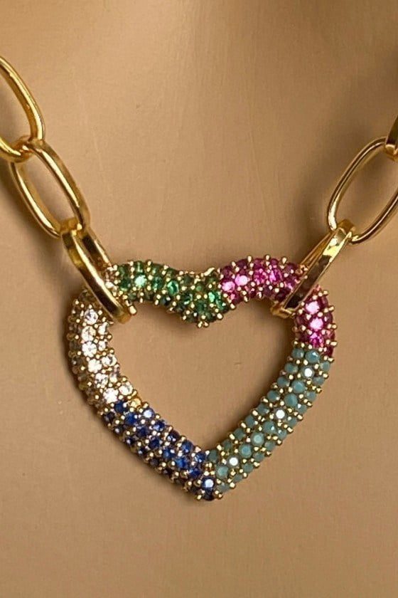 Toptan Altın Renk Kadın Renkli Zirkon Taşlı Kalp Figürlü Ataç Dikdörtgen Zincirli Kolye - 1405 3 Toptan Altın Renk Kadın Renkli Zirkon Taşlı Kalp Figürlü Ataç Dikdörtgen Zincirli Kolye - 1405