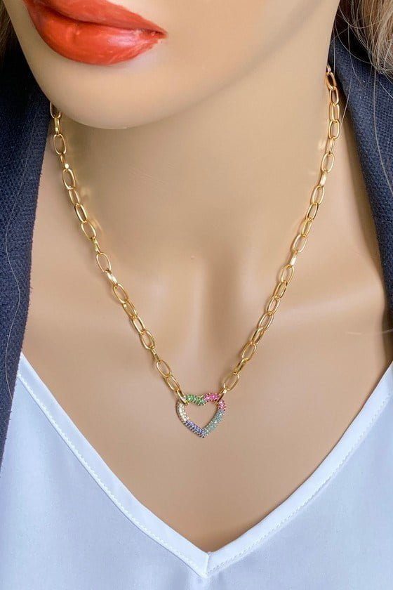 Toptan Altın Renk Kadın Renkli Zirkon Taşlı Kalp Figürlü Ataç Dikdörtgen Zincirli Kolye - 1405 4 Toptan Altın Renk Kadın Renkli Zirkon Taşlı Kalp Figürlü Ataç Dikdörtgen Zincirli Kolye - 1405 - Görsel 2