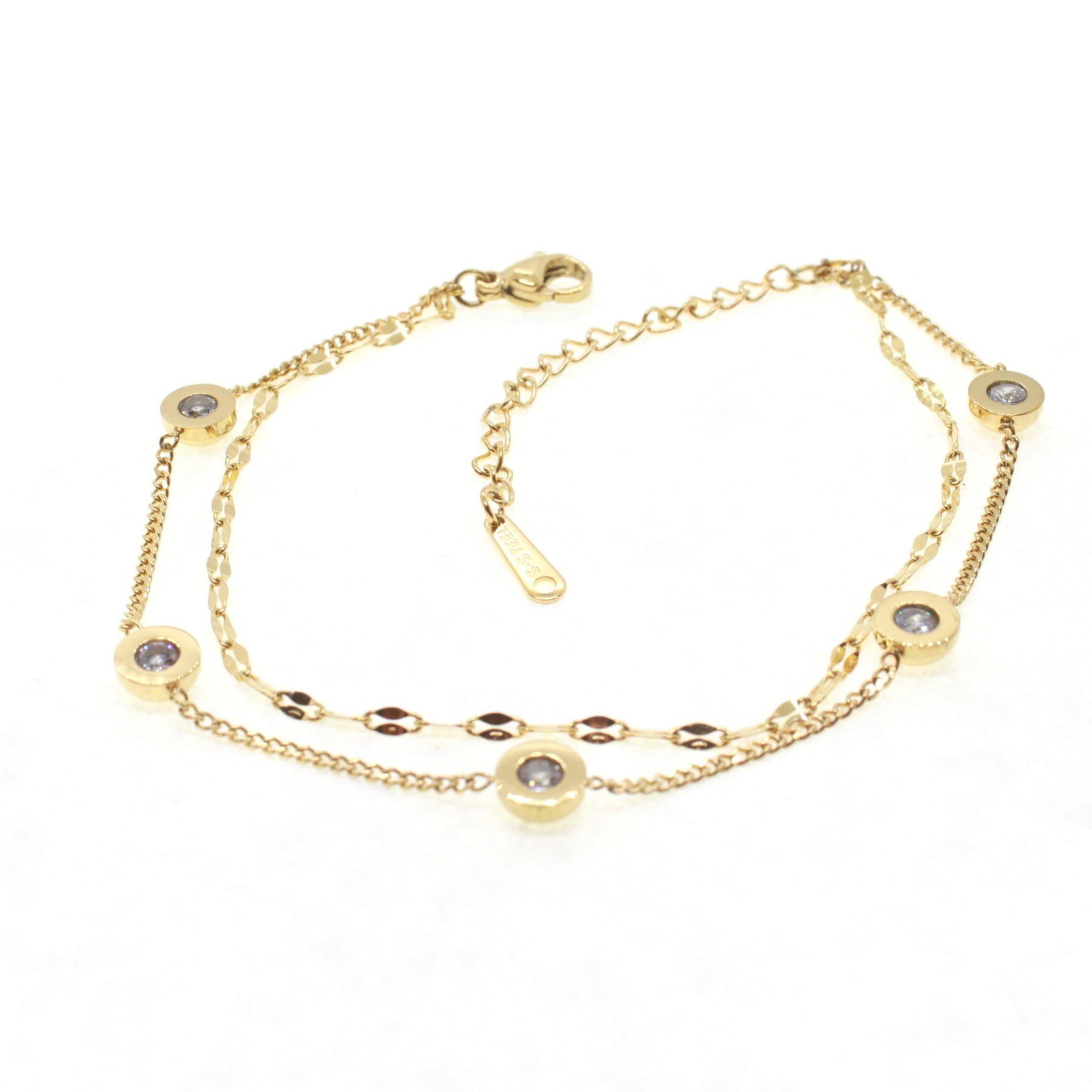 Toptan Altın Renk Beş Taşlı Çift Zincirli Çelik Bileklik - 1632 4 Toptan Altın Renk Beş Taşlı Çift Zincirli Çelik Bileklik - 1632 - Görsel 2