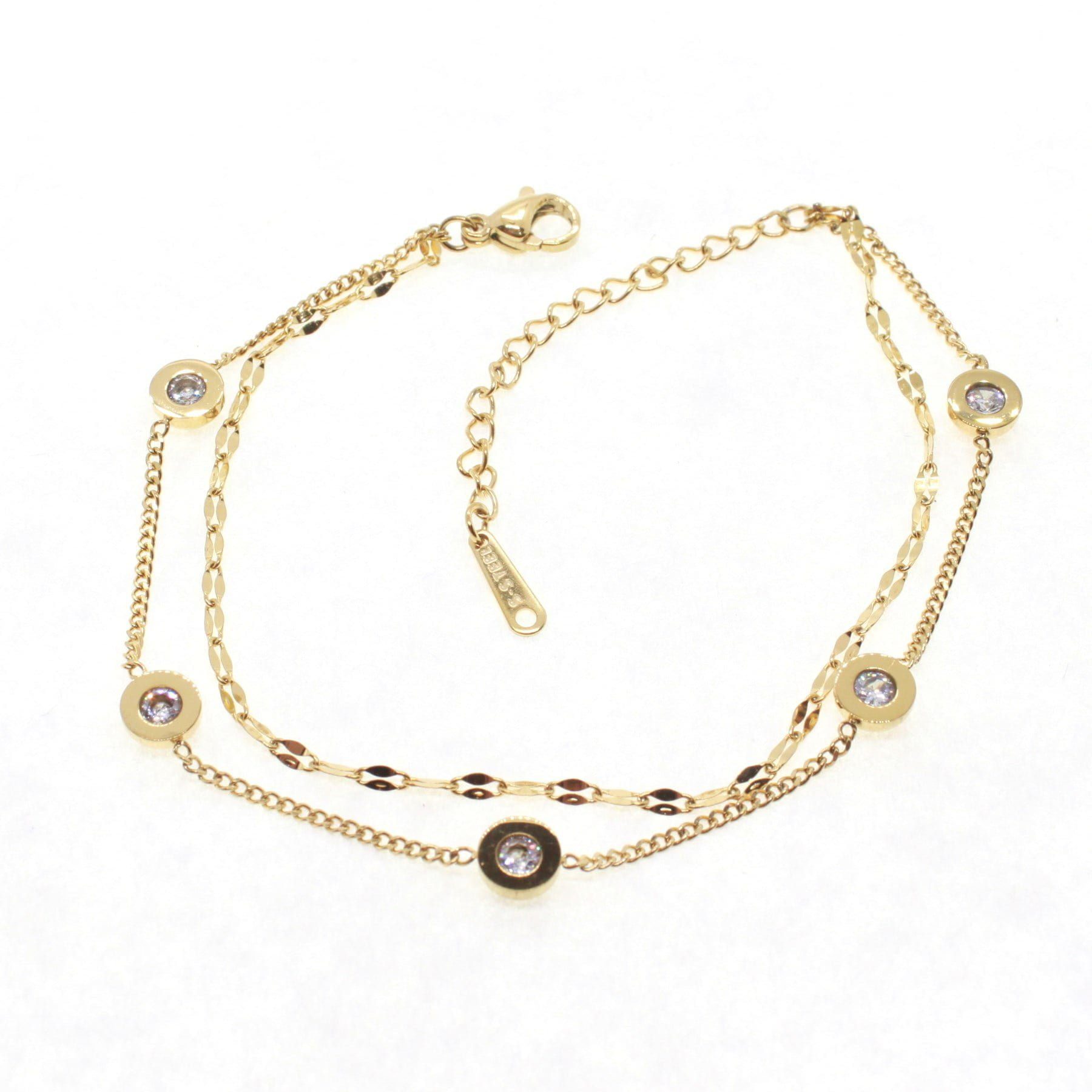 Toptan Altın Renk Beş Taşlı Çift Zincirli Çelik Bileklik - 1632 3 Toptan Altın Renk Beş Taşlı Çift Zincirli Çelik Bileklik - 1632