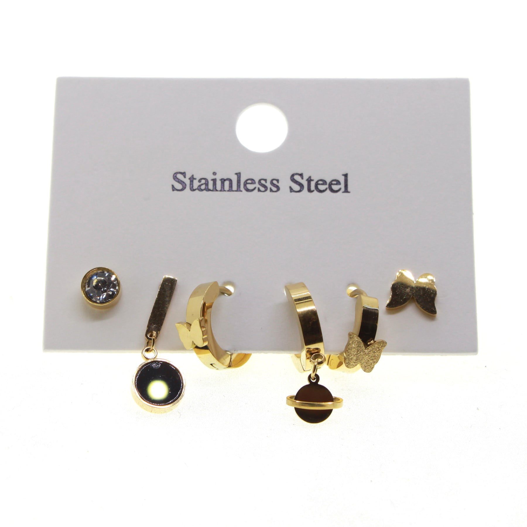 Toptan Altın Renk Tek Taş Şaturn Kelebek Kombin Çelik Küpe - 1579 3 Toptan Altın Renk Tek Taş  Şaturn Kelebek Kombin Çelik Küpe - 1579