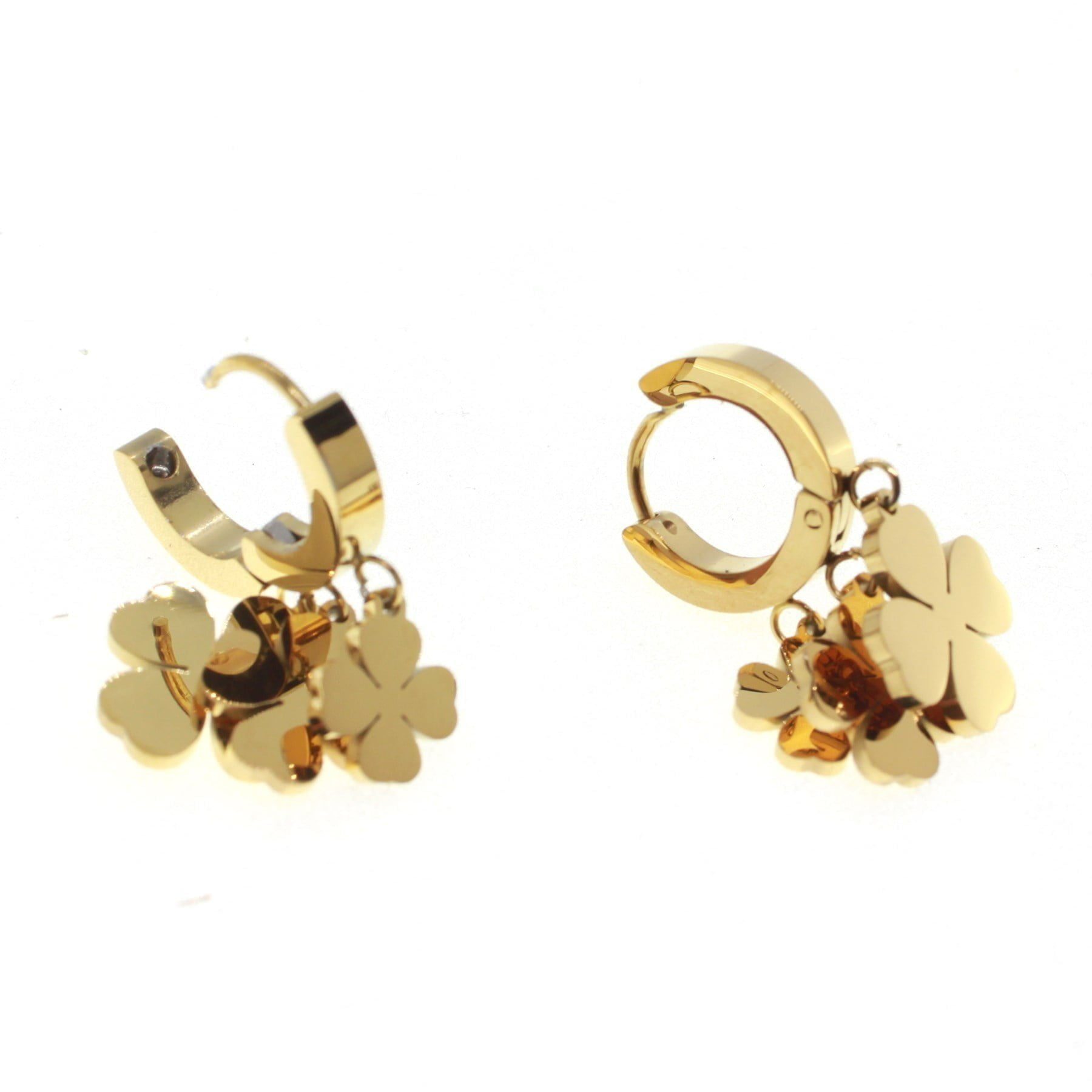 Toptan Altın Renk Mengeç Üç Yonca Sallantılı Çelik Küpe - 1585 3 Toptan Altın Renk Mengeç Üç Yonca Sallantılı Çelik Küpe - 1585