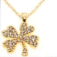 Toptan Altın Renk Zirkon Taşlı Yonca Beyaz Taşlı Kolye - 1772