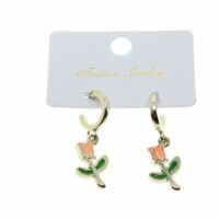 Toptan Gümüş Renk Pembe Yeşil  Mineli Gül Küpe - 1978