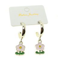 Toptan Gümüş Renk Pembe Yeşil  Mineli Çiçek Küpe - 1979