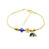 Toptan Altın Renk Yeşil  Mineli Fil Motif  Zirkon Taşlı Pandora Bileklik - 2095