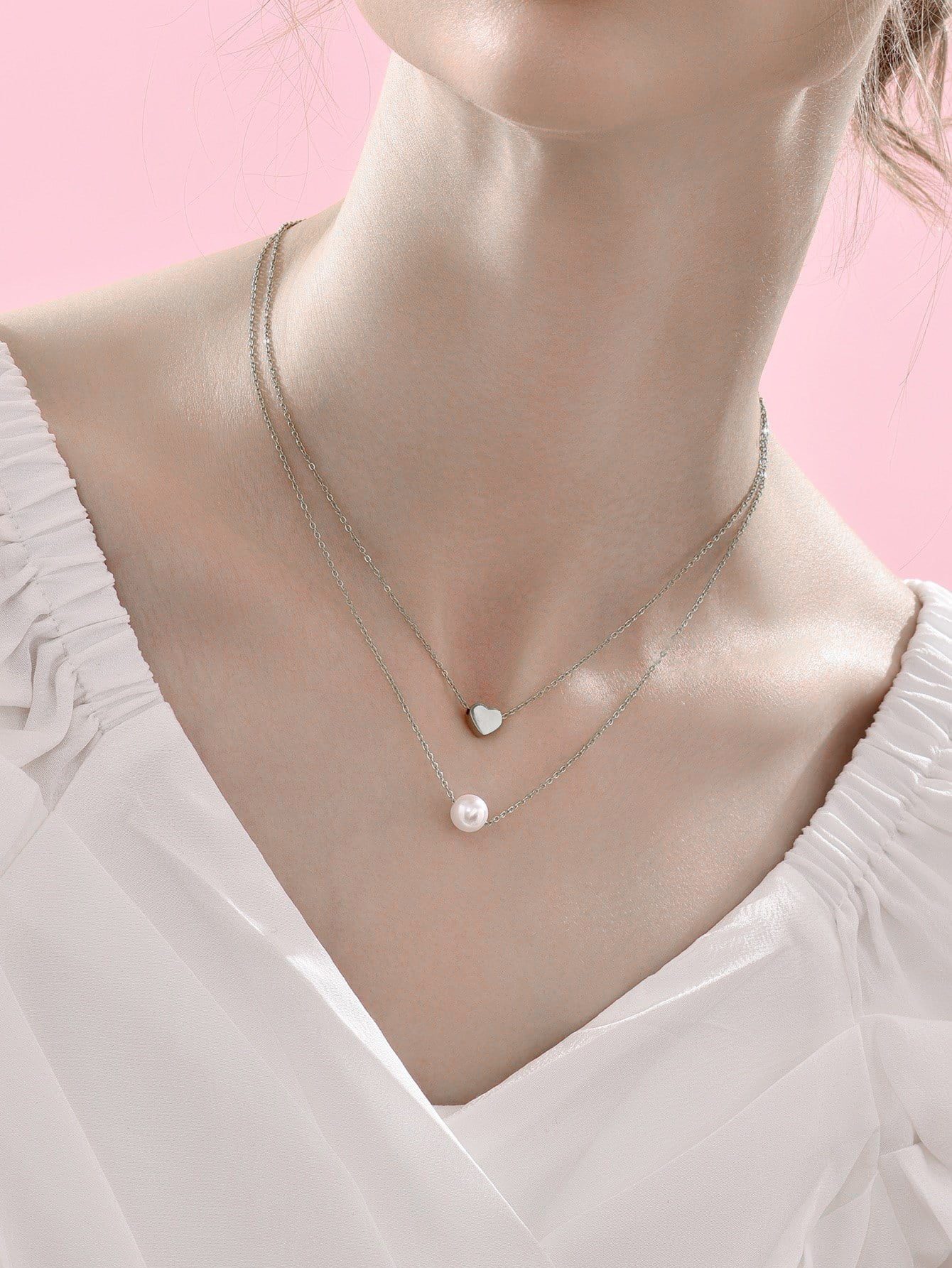 Toptan Gümüş Renk İnci Ve Kalp Sf Katmanlı Kolye - 2125 3 Toptan Gümüş Renk İnci Ve Kalp Sf Katmanlı Kolye - 2125