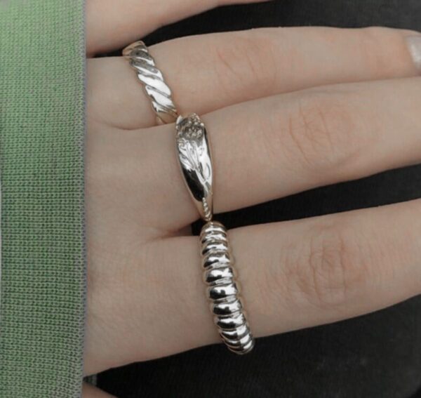 Toptan Kadın 3'lü Kombin Silver Kombin Yüzük Seti - 420