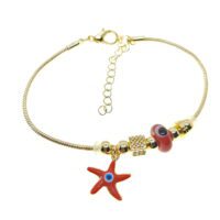 Toptan Altın Renk Kırmızı Mineli  Deniz Yıldızı Motif  Zirkon Taşlı Pandora Bileklik - 2163