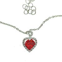 Toptan Gümüş Renk Kırmızı Tek Taşlı Zirkon Taşlı Kalp Model Zirkon Kolye - 2203