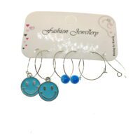 Toptan Gümüş Renk Turkuaz Mineli Gülen Surat Kombin Küpe - 2261