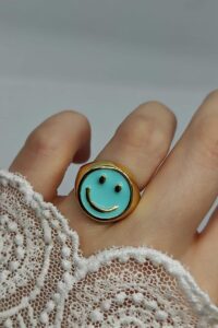 Toptan Altın Renk Turkuaz Mineli Gülen Surat Yüzük Ayarlanabilir Her Parmağa Olur - 2297