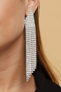 Toptan Gümüş Renk Püsküllü Sallantılı Zirkon Abiye Küpe - 2417