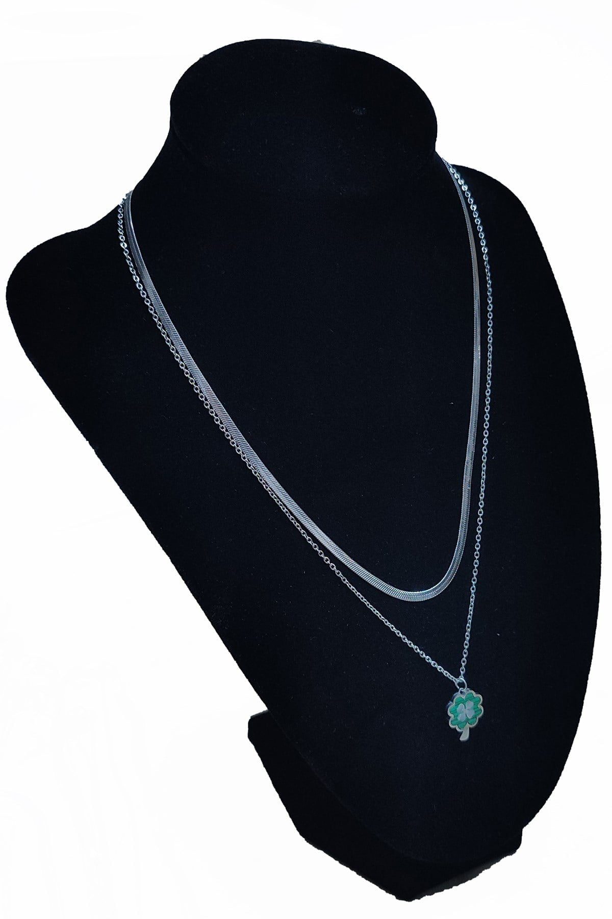 Toptan Gümüş Renk Çift Zincir İtalyan Sf Yeşil Yonca Çelik Kolye 2548 4 Toptan Gümüş Renk Çift Zincir İtalyan Sf Yeşil Yonca Çelik Kolye 2548 - Görsel 2