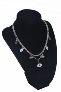 Toptan Gümüş Renk Çift Zincir  Göz Nazar Damla  Çelik Kolye - 2512