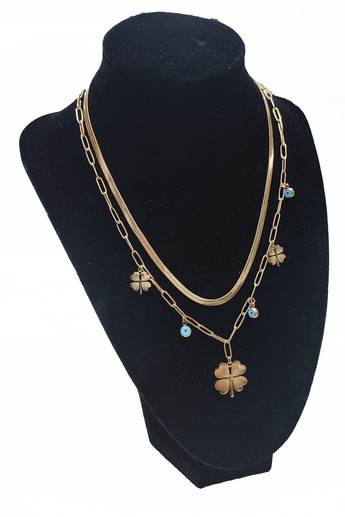 Toptan Altın Renk Çift Zincir Yonca Nazar Göz Çelik Kolye - 2513 3 Toptan Altın Renk Çift Zincir Yonca Nazar Göz Çelik Kolye - 2513