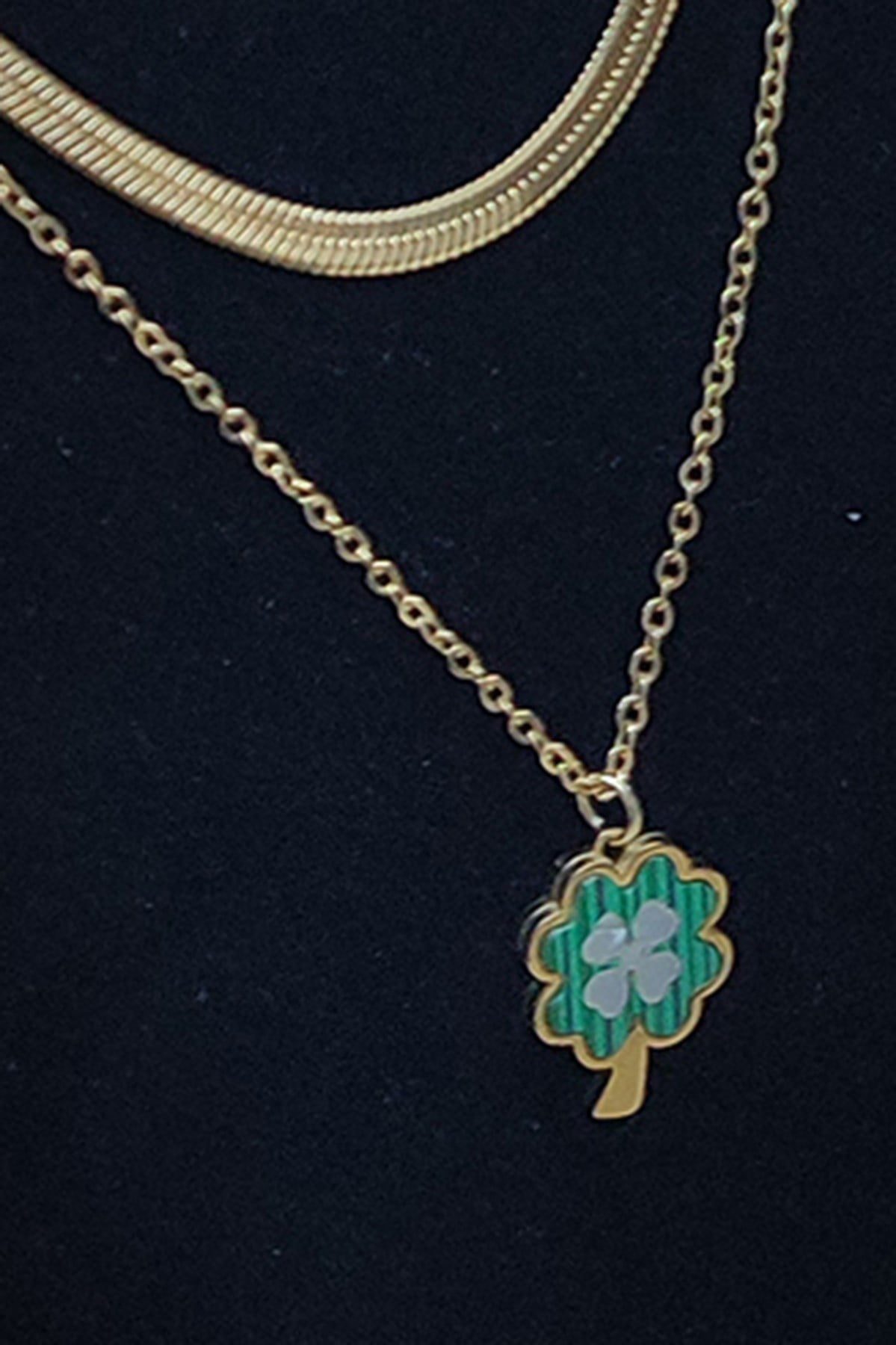 Toptan Altın Renk Çift Zincir İtalyan Sf Yeşil Yonca Çelik Kolye - 2547 3 Toptan Altın Renk Çift Zincir İtalyan Sf Yeşil Yonca Çelik Kolye - 2547