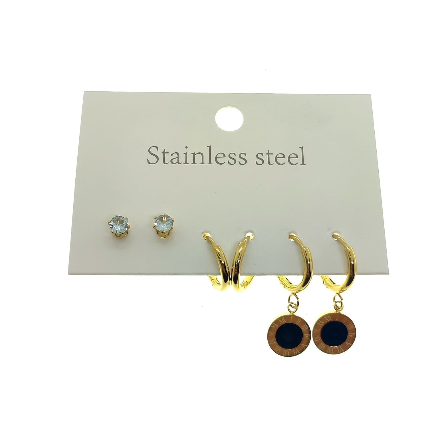 Toptan Altın Renk Tek Taş Halka Sallantılı Roma Çelik Küpe - 2563 3 Toptan Altın Renk Tek Taş Halka Sallantılı Roma Çelik Küpe - 2563