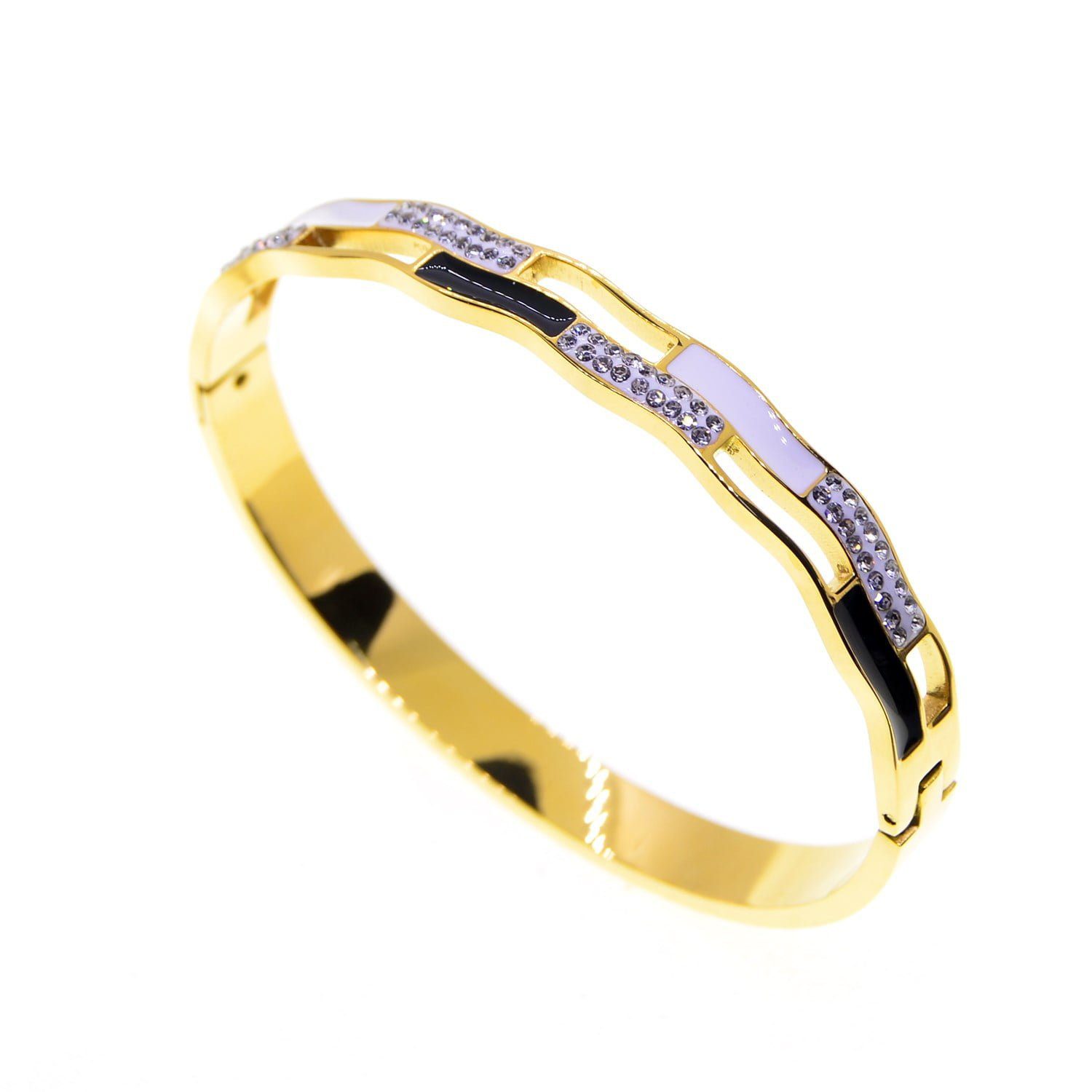 Toptan Altın Renk Siyah Beyaz Mineli Model Çelik Kelepçe Bileklik - 2656 3 Toptan Altın Renk Siyah Beyaz Mineli Model Çelik Kelepçe Bileklik - 2656