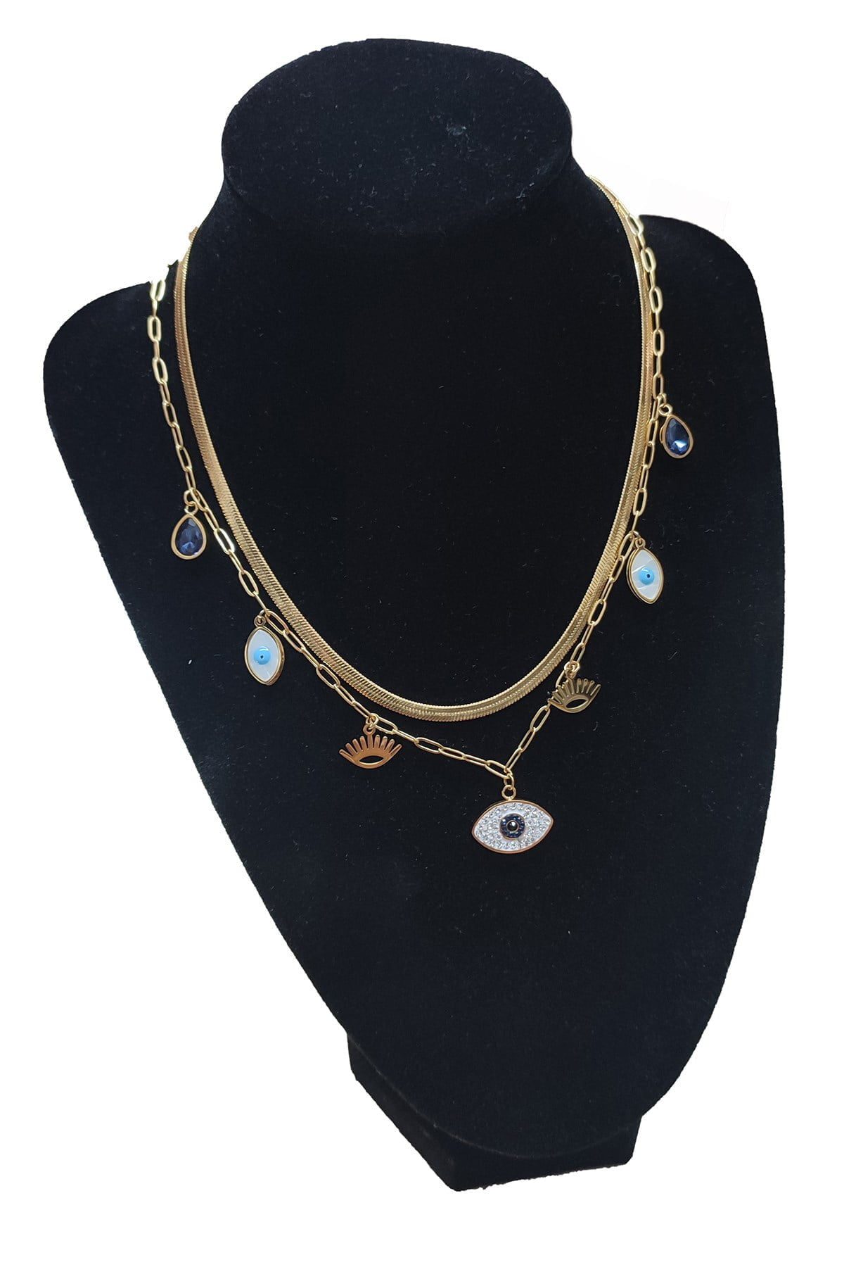 Toptan Altın Renk Çift Zincir Göz Nazar Damla Çelik Kolye - 2511 3 Toptan Altın Renk Çift Zincir Göz Nazar Damla Çelik Kolye - 2511