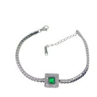 Toptan Gümüş Renk Kare Yeşil Taşlı  Çelik Bileklik - 2627