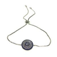 Toptan Gümüş Renk Yuvarlak Nazar Göz  Asansör Zirkon Bileklik - 2712