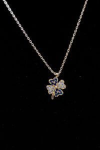 Toptan Altın Renk Beyaz Mavi Taş Yonca Model Zirkon Kolye - 2736